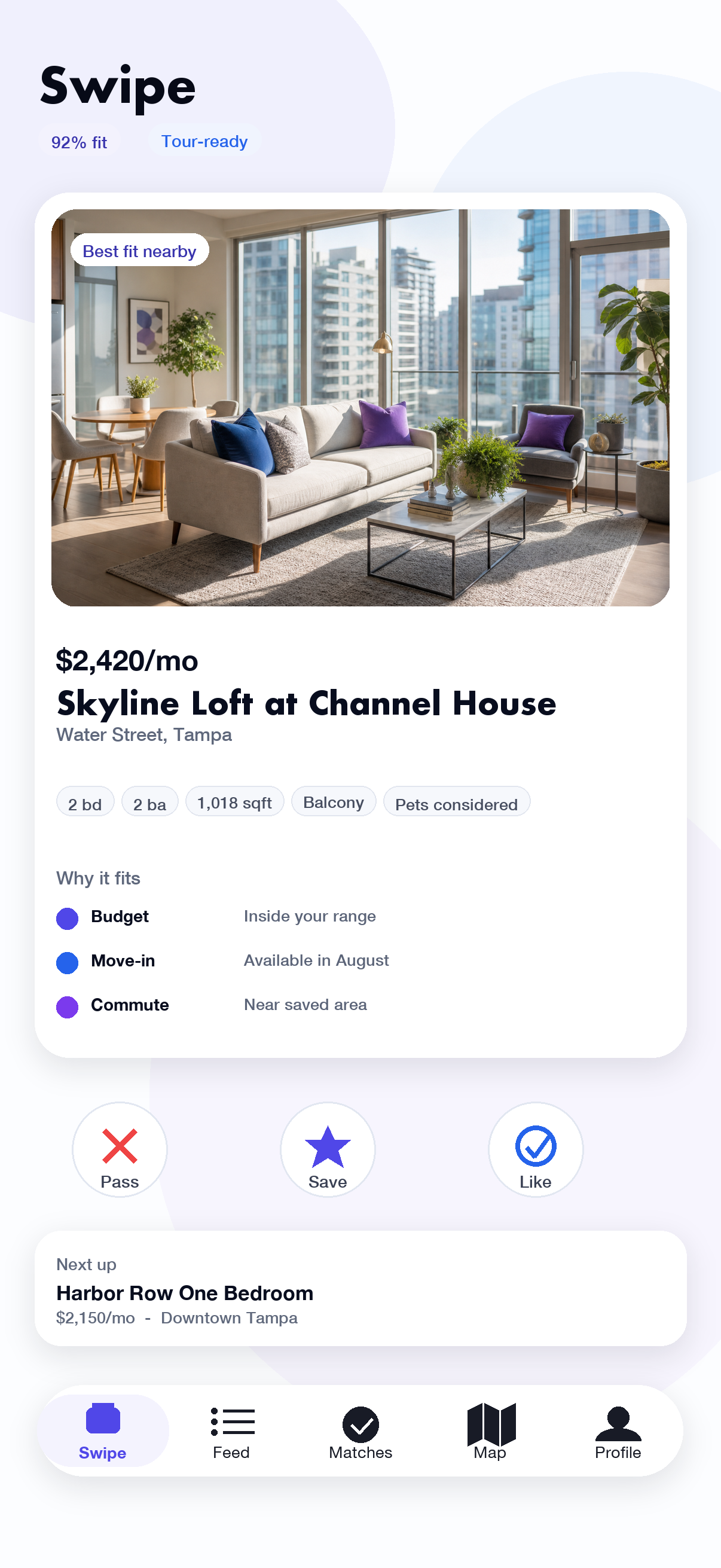 RentMatcher renter swipe screen